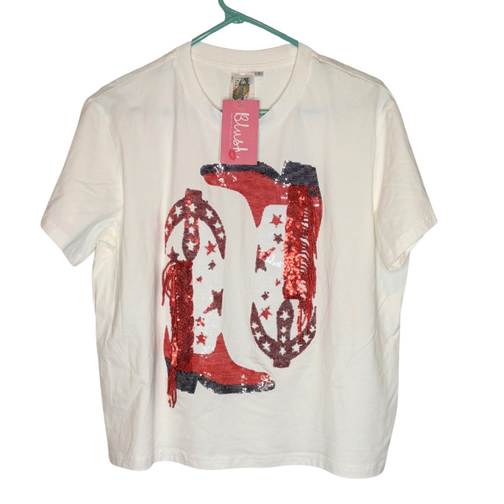 Blush Sparkle Fringe Red & White Cowboy Boots Oversized Shirt